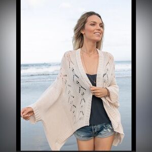 Wooden Ships Loose Knit 3/4 Sleeve Ivory Cardigan Cotton Blend Open Front Sz S/M